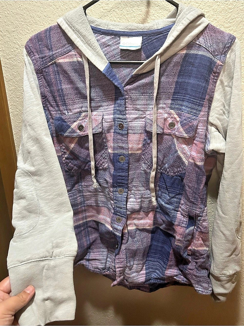 Columbia Plaid Hooded Shirt Jacket in Blue & Pink